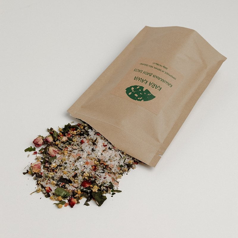 New Zealand Made Kawakawa Bath Salts - showing inside contents of salts and dried flora